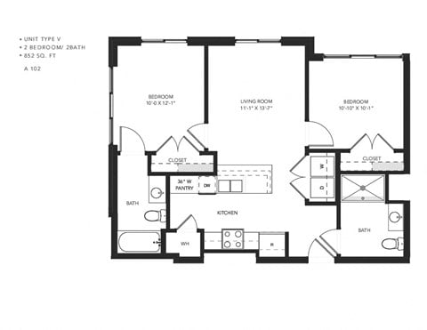 Floor plan for 2 beds, 2 baths, 772 sqft